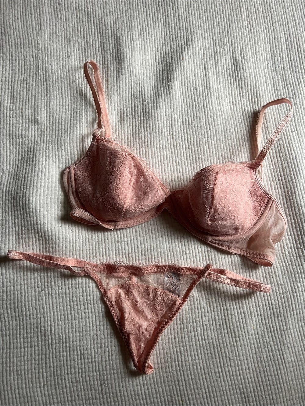 DKNY Light Pink Lace Bra & Thong Set - Women's Intimates